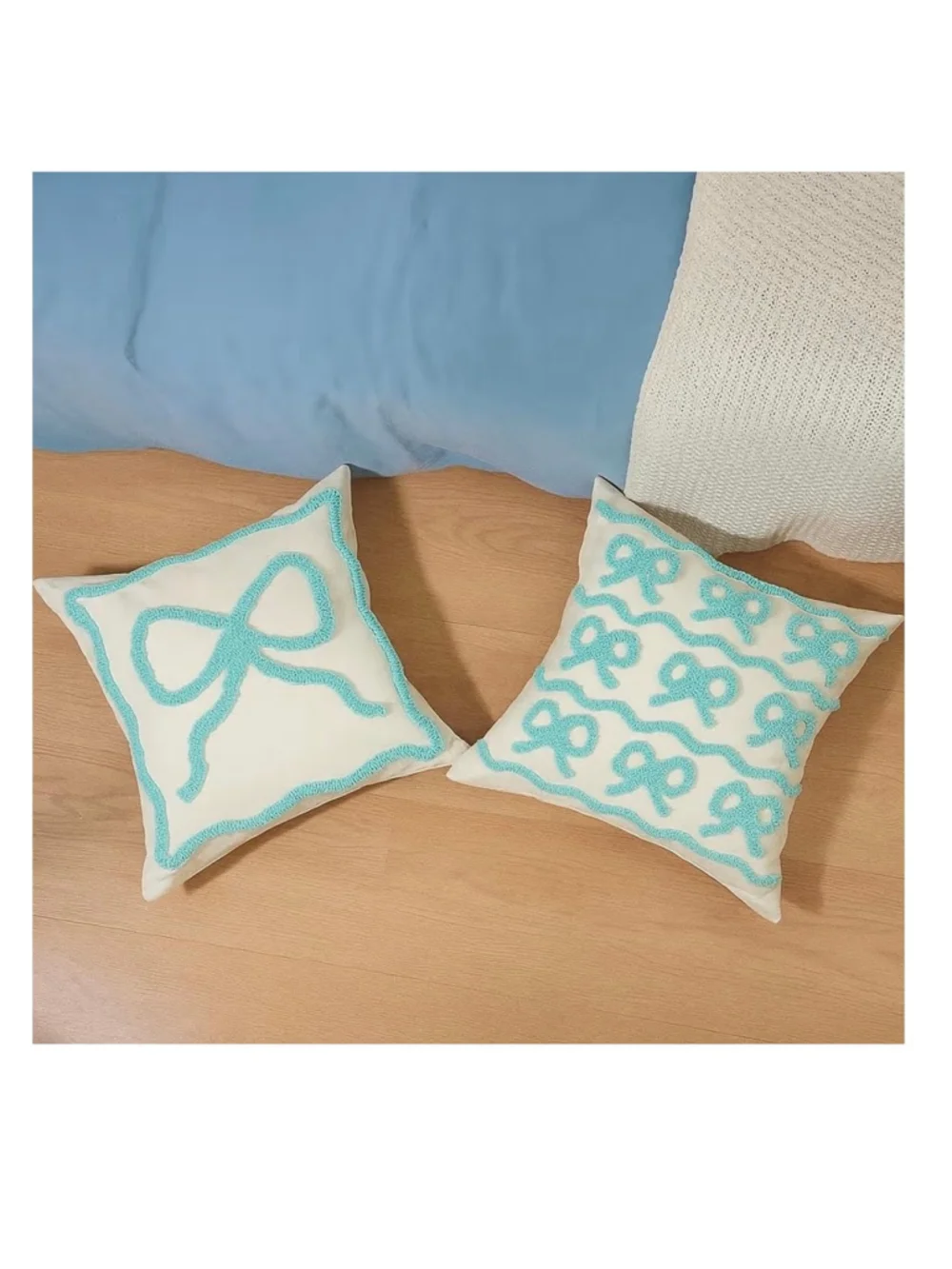 NEW Set of 2 Blue Bow Soft Pillow Covers 18”